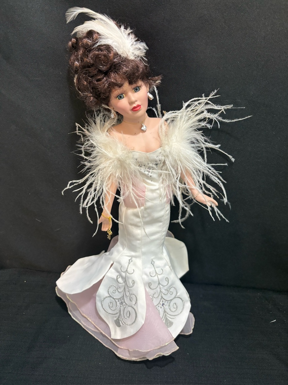 Brass Key Orient Express Collection Porcelain Doll white/pink dress ( dirty)